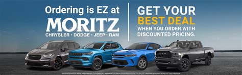 Moritz chrysler dodge jeep ram - Shop new Jeep SUVs and used Ram trucks at Quigley Chrysler Dodge Jeep Ram, a trusted family-owned car dealership in Boyertown, PA. Get auto service nearby. Quigley Chrysler Dodge Jeep Ram; Sales 610-590-9169 610-590-9169; Service 610-756-9081 610-756-9081; Parts 610-463-0166 610-463-0166; 565 Route 100 North